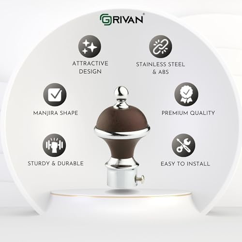 Image of GRIVAN Manjira Shape Stainless Steel & ABS Curtain Bracket Parda Holder with Support 1 Inch Rod Pocket Finials Designer Door and Window Rod Support Fittings, Curtain Rod Holder(Brown, Pair of 2)