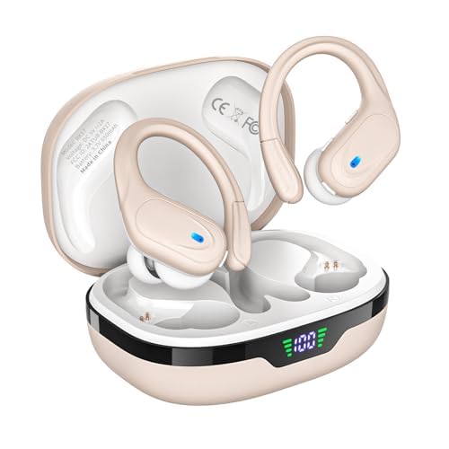 HAOYUYAN Wireless Earbuds, Sports Bluetooth Headphones, 80Hrs Playtime Ear Buds with LED Power Display, Noise Canceling Headset, IPX7 Waterproof Earphones for Workout/Running (Camel)