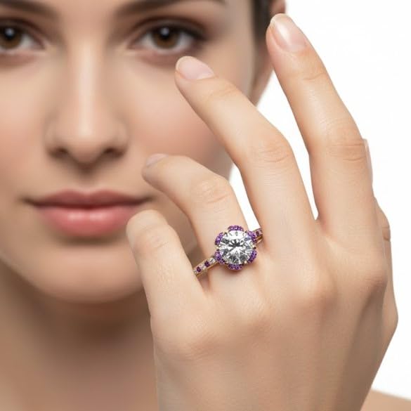 Image of 55Carat Choose Your Gemstone 6 Petal Ring Yellow Gold Plated Round Shape Halo Engagement Rings Well Shaped for Any Gift Giving Occassion Modern Style Enchating Women US Size 4 to 12