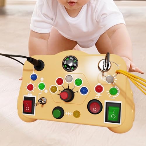Image of SHINETOY Busy Board, Montessori Toys, LED Busy Board for Toddlers, Light up Sensory Toys with 8 Switches and 12 LED Lights, Gifts Toy for Babies Boys and Girls, Yellow