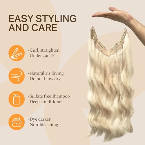 Image of DOORES Wire Human Hair Extensions, Platinum Blonde 95g 16 Inch, Hair Extensions Real Human Hair Transparent Wire Natural Straight Hairpiece Invisible Hair Extensions