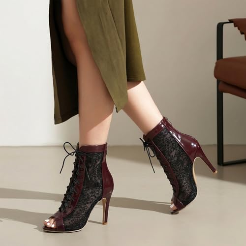 Image of Women's Lace Up Dance Heels Open Toe Mesh Sparkling Sequin Booties Peep Toe Stiletto High Heel Dance Shoes