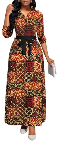 Image of Maxi Dresses for Women Casual Long Sleeve Crewneck Floor Length Dress | Floral Print,Swing,Soft Fabric,with Belt and Pockets