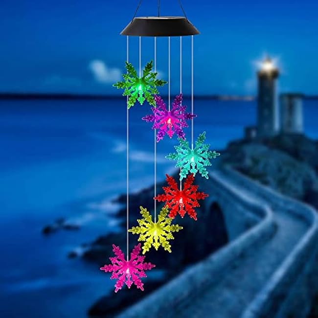 Outdoor Waterproof Solar Snowflake Wind Chime Light 6 LEDs Colorful Snowflake Garden Decorative Light for Walkway Patio Yard Hanging Solar Lights