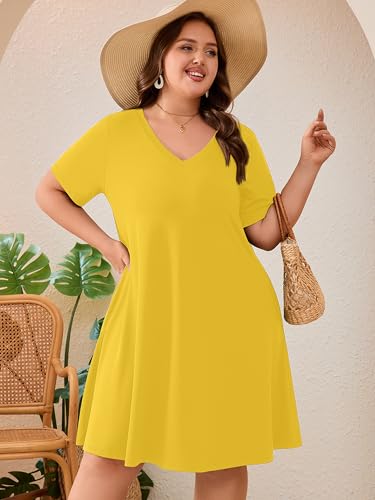 Image of AusLook Plus Size Midi Dress for Women Loose V Neck Short Sleeve Summer Casual A Line T Shirt Sundresses with Pockets 1X-5X