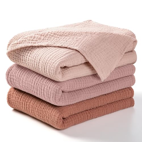 Image of lulumoon Muslin Swaddle Blankets for Baby: Lightweight & Breathable Receiving Blankets for Hospital - Neutral Registry Gift for Newborn 3pack (Chestnut)