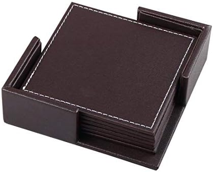 Coasters for Drinks, Thipoten Leather Coasters Set with Holder Set of 6,Protect Furniture from Water Marks Scratch and Damage (Sqaure Brown)