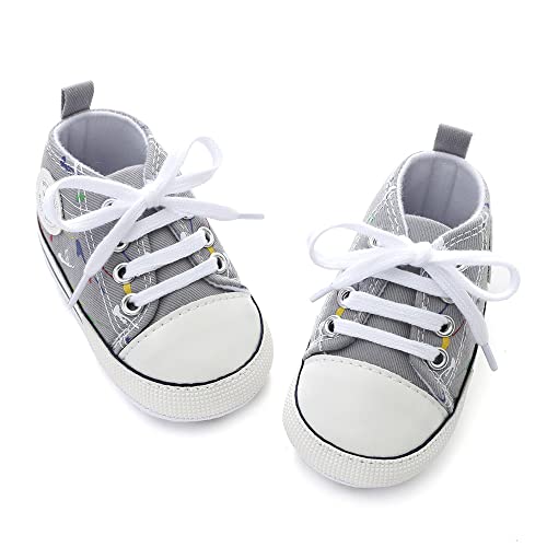 Newborn Baby Girls Boys Canvas Shoes Infant Soft Sole Slip On First Walkers Sneaker Toddler Flat Loafers High Top Crib Denim Unisex Moccasins Shoe (N/Grey, 6_Months) #TOP2