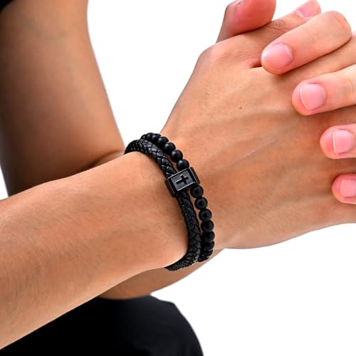 Christian Cross Black Leather Bracelet for Men, Double-Row Braided Leather Cross Bracelet Bible Verse Agate Onyx Beaded Bangle, Adjustable Wristband Faith Religious Christian Jewelry Gift for Men2
