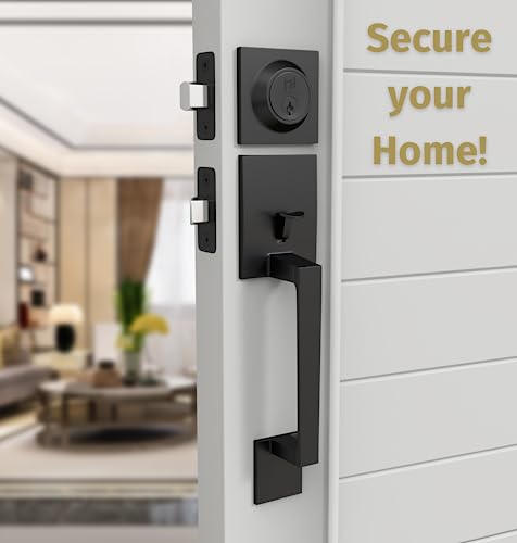 Image of Mega Handles - TOBELLE Black Entry Door Handleset - Single Cylinder Handleset with Lever for Entrance and Front Doors - Modern Door Handles for Left and Right-Handed Doors - Straight Handle