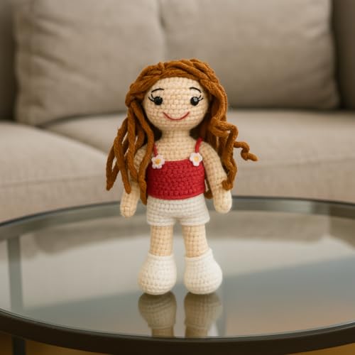Image of Sutra Handmade Crochet Doll in Red Floral Top & White Skirt | Wool Amigurumi Soft Toy | Handmade Gift for Kids, Nursery & Home Decor
