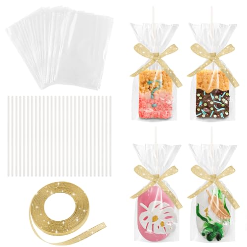 50-Pack Clear Rice Crispy Treats Bag and Sticks Treats Wrappers Kit Gold