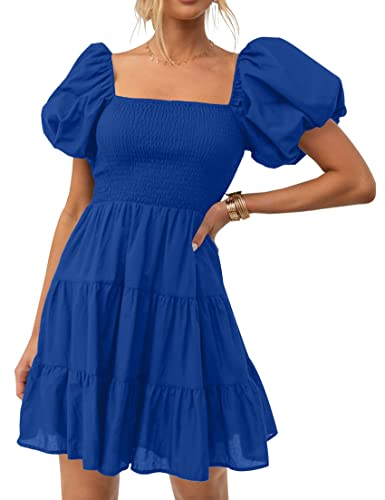 Image of ZESICA Women's Boho 2026 Summer Square Neck Puff Sleeve Off Shoulder Smocked Tiered Casual A Line Short Mini Dress