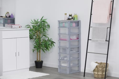 Iris Ohyama, Kunststoff Schubladenbox mit 8 flachen Schubladen, Grau, Easy-Pull-System, A4, A5 & A6 Format, Schreibtisch Organizer für Büro, Schule, Schreibwaren, BPA-frei, Schubladenschrank, OCH-2008