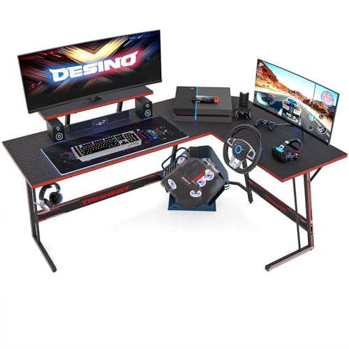 DESINO Eckschreibtisch Gaming 150 x 120 cm, Ergonomic Gamer Schreibtisch l Form, Groß Pc Ecktisch Computertisch Mit Monitorständer, Stabil Metall-Beine Eck Tisch, Schwarz