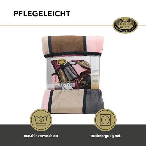 Gözze - Weiche Kuscheldecke, Cashmere Feeling, Hohes Stoffgewicht 500 g/m², Antigua, 150 x 200 cm - Altrosa/Taupe/Beere
