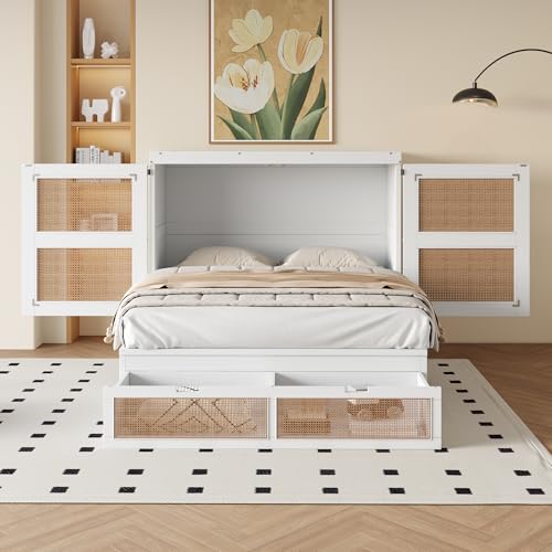 Soweiz Wandbett mit Lattenrost, Schrankbett 140 x 200 cm, Wandklappbett, vertikales schrankbett mit Lattenrost, Holzbetten mit Stauraumschubladen,...