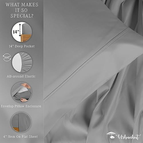 URBANHUT 800 Thread Count Egyptian Cotton Sheets Twin Size, Long Staple Sheets Set for Twin Size Bedding, 3 Pc Bed Sheet Sets, Luxury Hotel Sateen Sheets Fits 16" Deep Pocket - Dark Grey