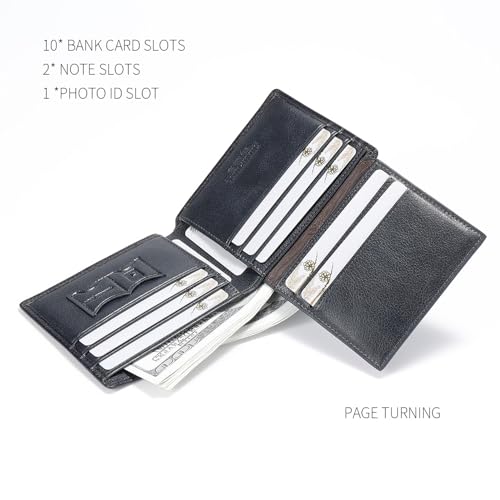 Image of Mens Trifold Leather RFID Blocking Wallet with 2 ID Windows 2 Cash Compartments 6-8 card slots 2-3 inside slots Large Capacity Wallet