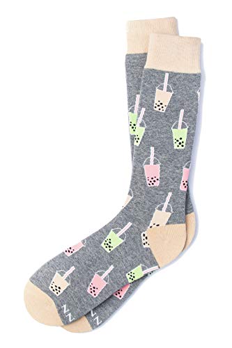 Men's Designer Gray Boba Life Drink Bubble Tea Contemporary Crew Dress Socks