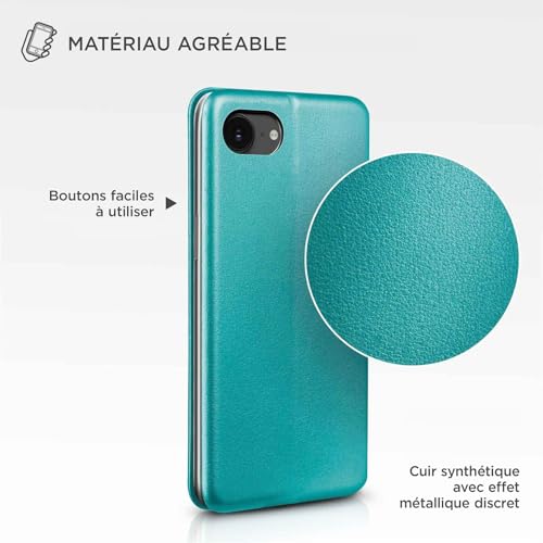 Étui de protection à rabat iPhone 16e bleu menthe en cuir synthétique fin