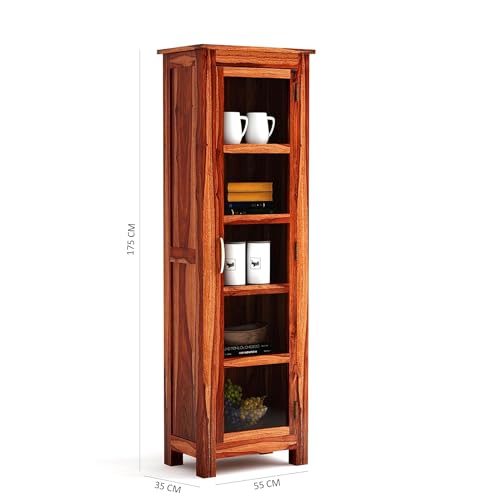 Image of Book Shelf with Glass Door, Wood Book Shelf for Home Library, Kitchen Crockery Cabinet Storage, Home Furniture, Books Rack, Book Stand, Wooden Bookcases, Shelves, Honey Finish 1