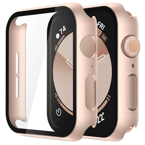 Misxi 2 Piezas Fundas para Apple Watch SE 3/ SE 2/ SE/Series 6/5/4 44mm con Protector de Pantalla de Vidrio Templado, Protector de PC Resistente Cubierta Ultradelgada, 1 Oro Rosa + 1 Transparente