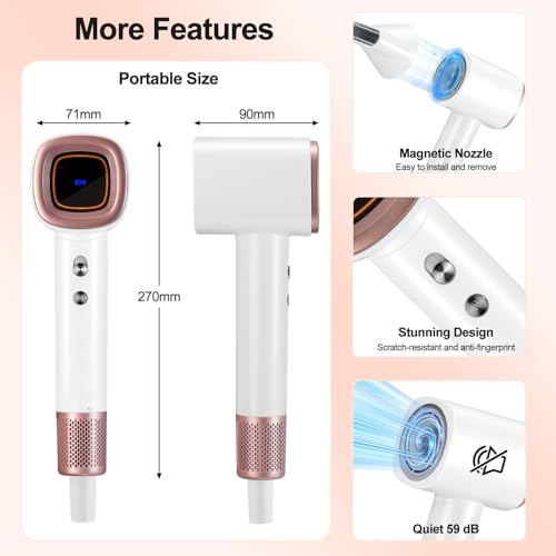 Cozary Asciugacapelli, 110000 U/Min Phon Capelli Professionale, 200 Milioni Asciugacapelli Ionico, 59 Db Phon Silenzioso Per Casa E Viaggi, 3 Temperatura, 2 Velocità - 4