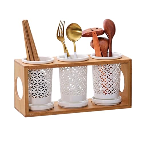 Juego de 3 soportes para utensilios de bambú con bandeja de drenaje para encimera de cocina, organiza cucharas, tenedores y cuchillos