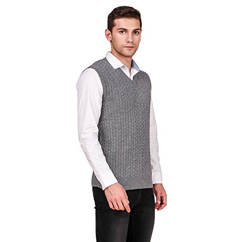 Image of Men's Wool Blend V-Neck Self Design Solid Sleeveless Sweater Grey