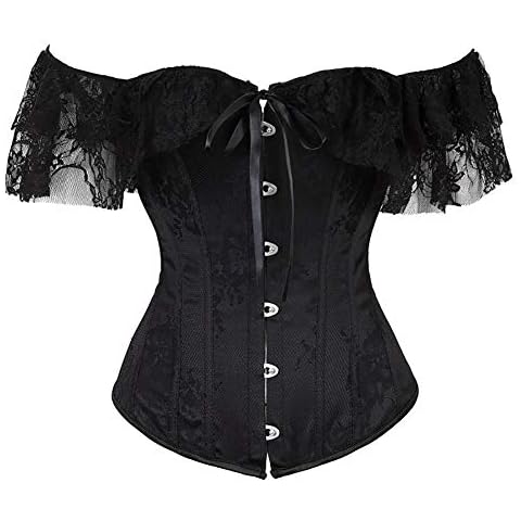 BUYIIT Women's Vintage Steampunk Overbust Corset Off Shoulder Lace Long Sleeves Bustier Top (UK Size 10-12(L, Black) Cover