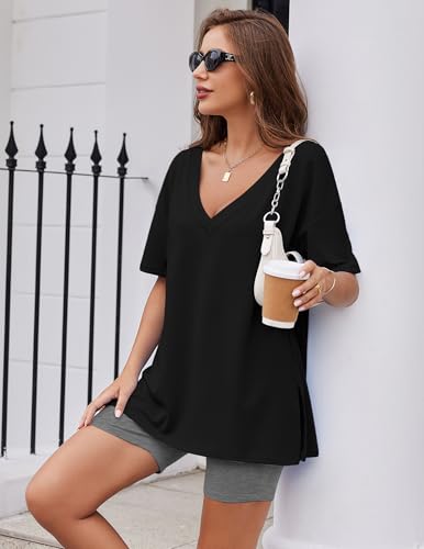 Image of Ekouaer Womens Pajamas 2 Piece Lounge Sets Oversized V Neck T-Shirts Tops Biker Shorts Set Workout Reversible Tracksuit S-XXL