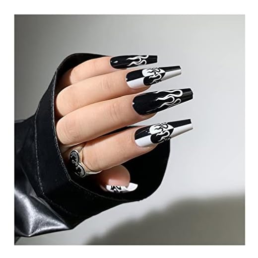 YOSOMK French Tip Press on Nails Long with Designs Goth Black and White Flame False Fake Nails Press On Coffin Artificial Nails for Women Stick on Nails With Glue on Static nails