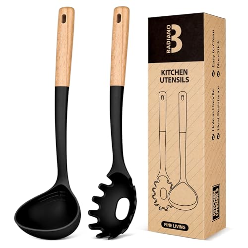 Pasta Fork and Ladle Set, Perfect for Serving Hot Soup, Stirring, and Sauce Pasta, BPA-Free Matte Silicone, Wood Handle Spaghetti Spoon for Nonstick Cooking Surfaces (Black)
