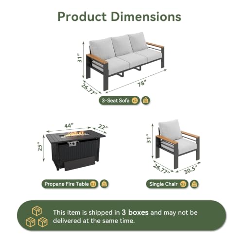 Image of Aoxun Patio Furniture Set, Aluminum Patio Set with Fire Pit Table and 5 inch Thicken & Washable Cushion, Waterproof Outdoor Furniture, Outdoor Couch Sectional for Backyard (5 Seats /F, Grey)