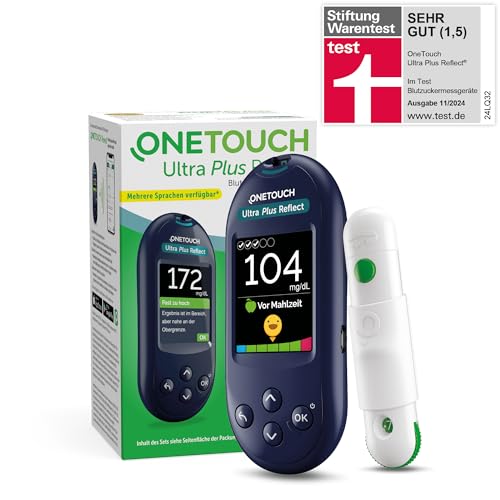 OneTouch Ultra Plus Reflect® Blutzuckermessgerät (mg/dl) I 1 Messgerät, 10 Teststreifen, 10 Lanzetten, 1 Stechhilfe & 1 Etui | Stiftung Warentest SEHR GUT (1,5)