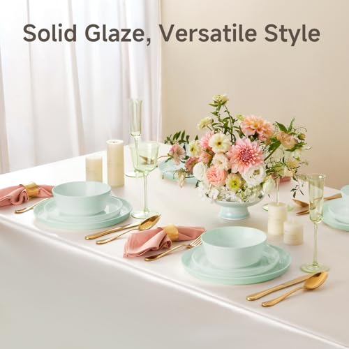 Image of KINGSTONE 24-Piece Bone China Dinnerware Sets, Mint Green | Lightweight Plates & Bowls Set | Straight Rim Bowl Dinner Set | Scratch Resistant | Microwave & Dishwasher Safe | Serves 8