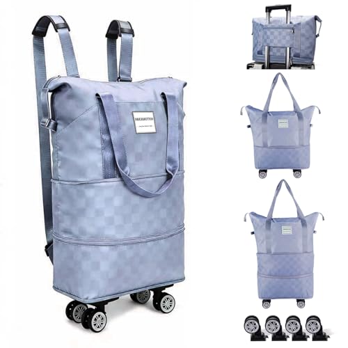 NBERMOTION Expandable Rolling Duffle Bag - Large Carry-On With Spinner Wheels, Foldable Weekend Travel Bag, 28-58L Capacity(Backpack-Blue Checkboard)