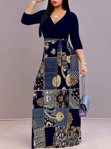 Image of Plus Size Maxi Dress for Women V Neck 3 /4 Sleeve Wrap Dress