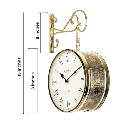 Image of CRAFTEL Double Sided Station Wall Clock Multi-Layer Electroplated | Both Side Roman Numerals | Brass Body Aluminum Dial | Handcrafted Jodhpur Gift | Dial - 8 Inches, Shiny Gold | 365 Days Warranty