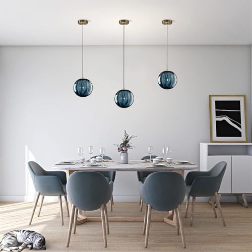 Suspension dorée vintage et grand globe en verre bleu d'architecte