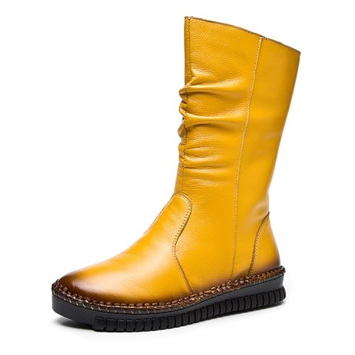 WENOREG Women's Hand Stitching Pleated Flat Mid Calf Boots,Fashion Leather Stitching Side Zipper Comfort Outdoor Anti-slip Work Walking Winter Boots Keep Warm Plush Lining Platform Boots