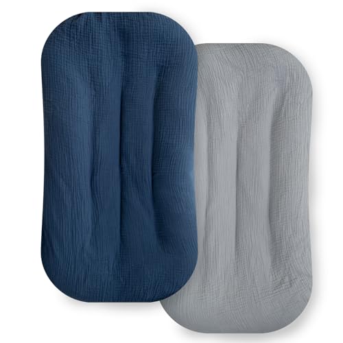 Ultra Soft Organic Muslin Baby Lounger Cover, Removable Loungers Slipcover Fit Newborn Baby Boys and Girls (Grey&Navy Blue)