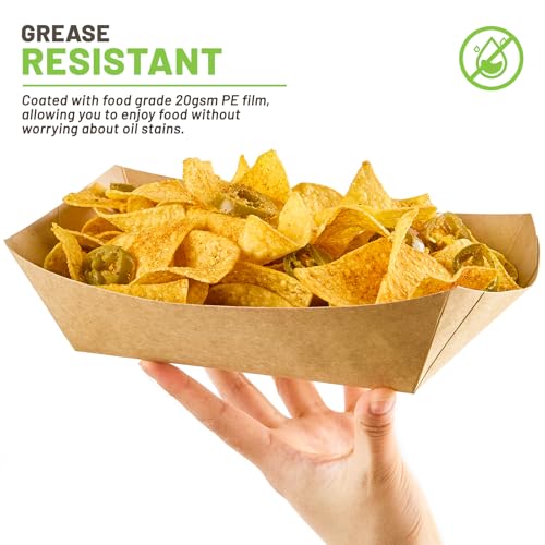 ZORRITA 5 LB Extra Large Paper Food Trays, 100 Pack Disposable Nacho Trays Kraft Paper Food Boats Party Serving Baskets for Sandwiches Burgers Popcorns Snacks
