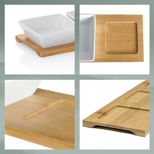 kela Servierschalen Set 4tlg PHILIPA, Porzellan Snackschalen mit Bambus Servierplatte, eckig, Dipschalen Set weiß