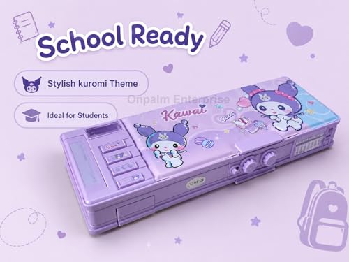 Image of Purple Multifunction Pencil Box for Girls with 2-Digit Password Lock, Built-in Sharpener & Calendar, Dual Sided Magnetic Geometry Compass Box with Pop-up Buttons, School Gift