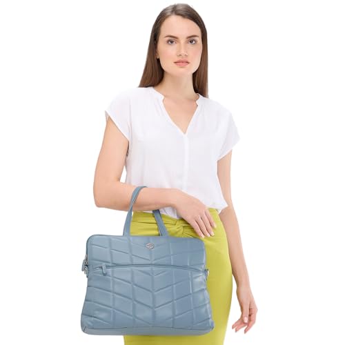 Image of Caprese Julie Laptop Bag Powder Blue Chic Quilted Office Handbag, fits 16 inch Laptop with smart Sleeve, Adjustable Strap, Ideal for Work