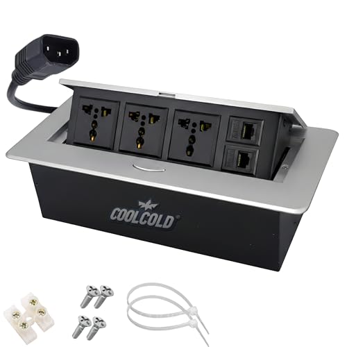 Image of COOLCOLD Hydraulic Cable Cubby Pop Up, Cable Manager Box with 3 Power Outlets & 2 RJ45 LAN Ports | Flip-Top Hidden Desk Module for Office, Home & Conference Table | Space-Saving Flush Mount Design