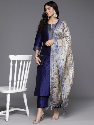Image of Varanga Women Embroidered Straight Kurta Pant Set with Dupatta | Silk Blend Fabric | 3 /4 Sleeve Round Neck | Lightweight Comfortable Summer Wear
