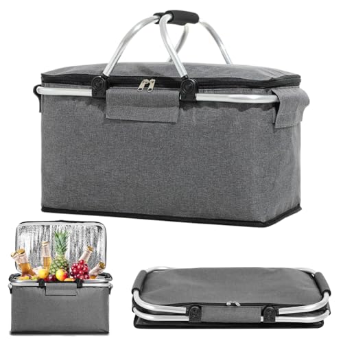Cesta de la compra plegable de 18 litros, para pícnic, marco plegable de aleación de aluminio, con asa acolchada y aislamiento con cremallera para viajes, picnics, compras